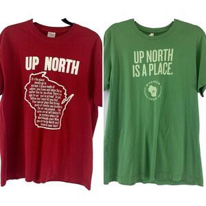 Up North Wisconsin T-Shirts Lot Of 2 Soft Green Red Crew Neck Short Adult Large